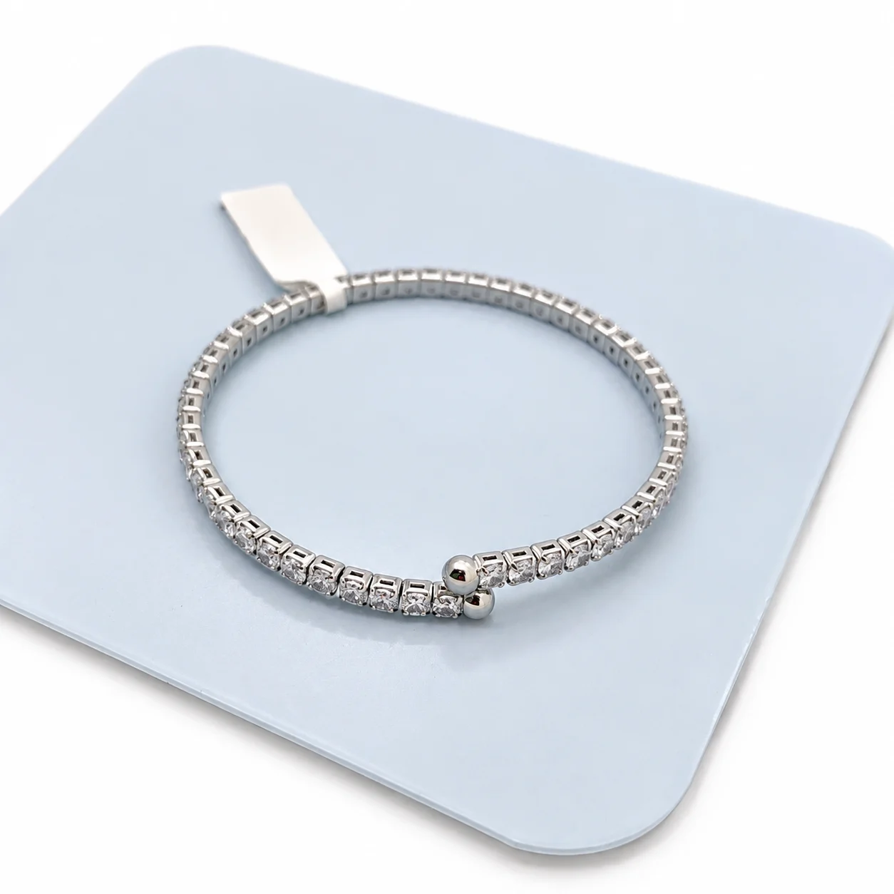 Silver-tone Open Cuff with Round Clear Stones and Twin Ball Tips · 006323